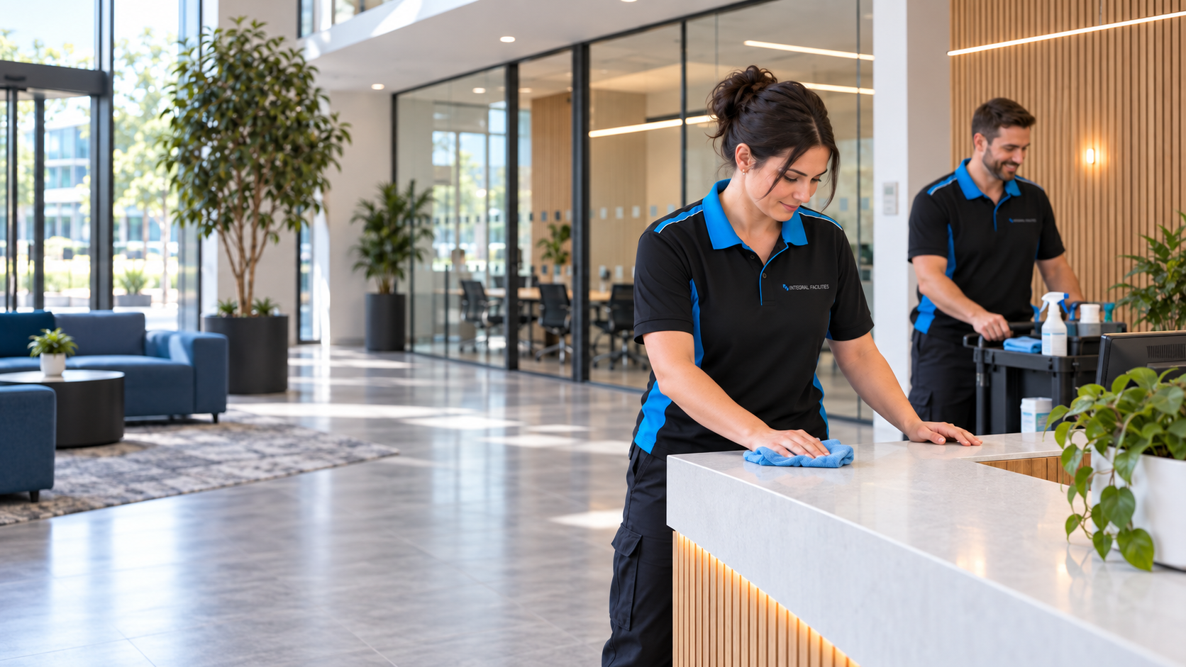 Commercial cleaners in black and blue Integral Facilities uniforms cleaning a modern office reception.