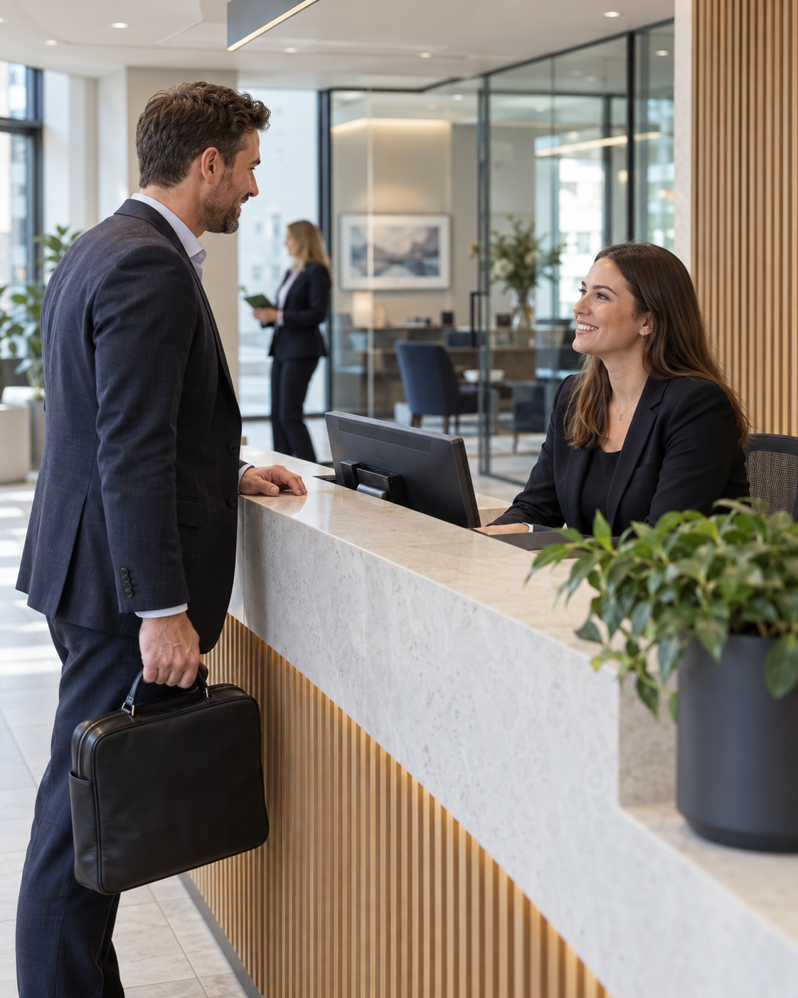 A receptionist welcoming a business visitor into a clean, well-presented office reception.