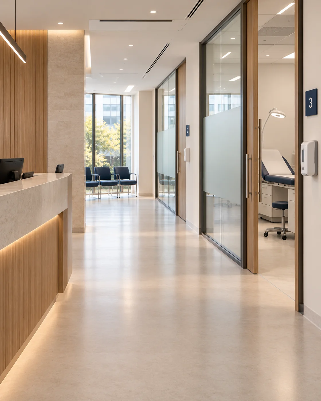 A finished modern healthcare interior with clean surfaces and a clear consultation corridor