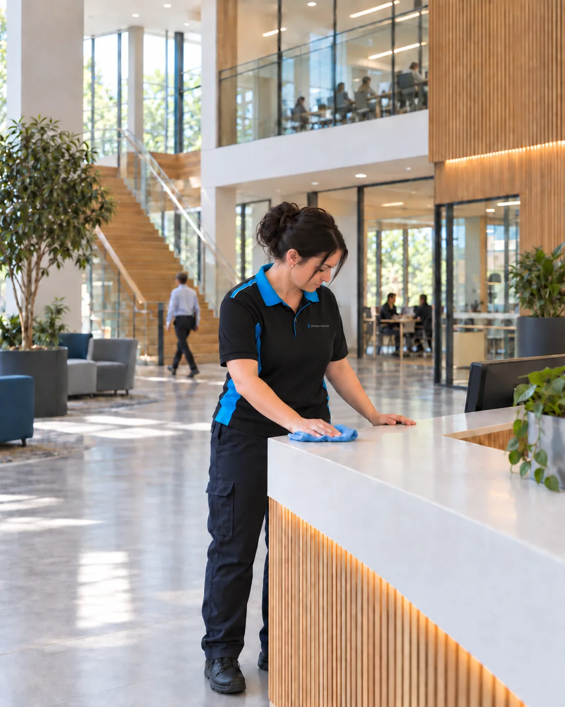 Commercial cleaning of a reception desk, with a cleaner wearing Integral Facilities uniform