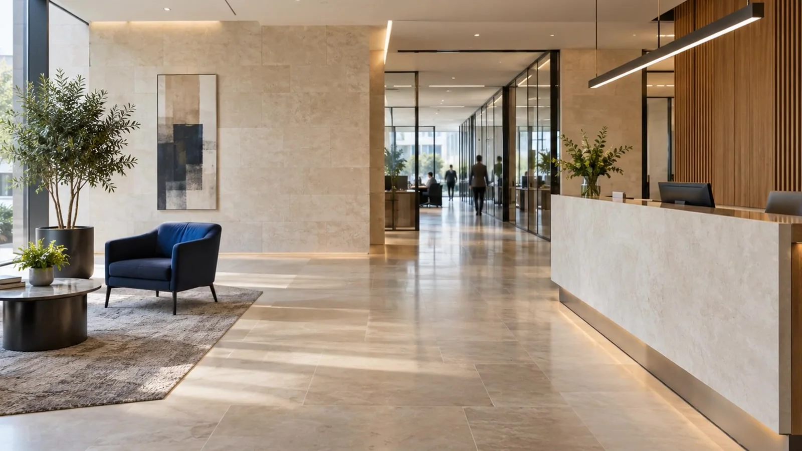 A polished reception with natural daylight and welcoming shared space