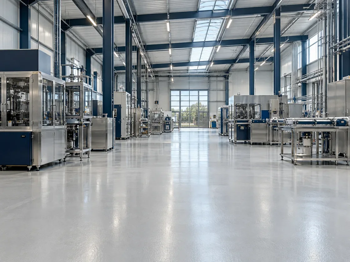 A light industrial facility with clear floors and organised production areas.