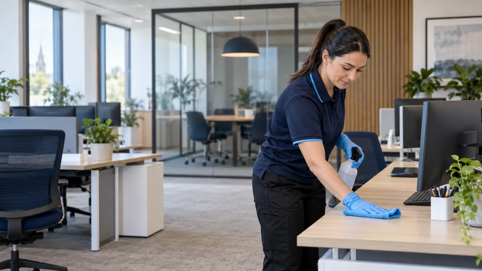 Office cleaning professional wiping a workstation with a blue microfibre cloth.