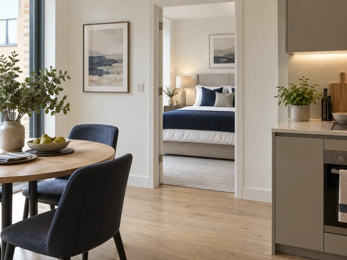 A prepared rental apartment with a neatly dressed bedroom.